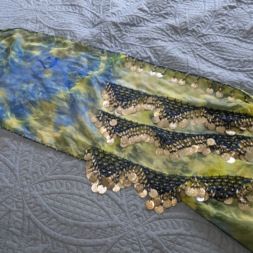 Blue and Green Belly Dance Hip Scarf with Silver Accents - Picture 5 of 5